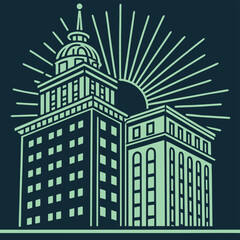 Fototapeta premium High quality artistic rendering of a historic multi-story building with a radiant sunburst effect vector