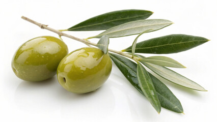 Two green olives on a branch with leaves isolated on white background, showcasing the natural beauty and freshness of the fruit