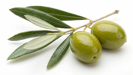Two green olives on a branch with leaves isolated on white background, showcasing the natural beauty and freshness of the fruit