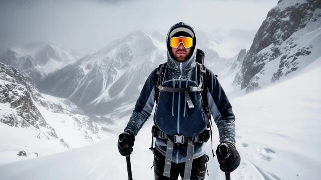 lone mountaineer in blue hooded jacket bright orange goggles and backpack holding ski poles ascends snowy mountain path amidst vast hazy snow-capped range