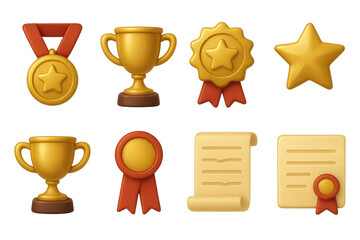 Gold medals trophies and award ribbons with stars and certificates collection