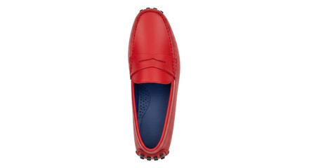 Isolated, single red leather moccasin shoe, fashion loafer style footwear, studio shot