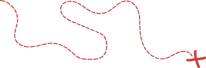 Treasure map element. A dashed line and red X mark ink on the map, the treasure map with a dotted line, X marks the spot, dashed line trail to an X  . ©  Maxstocker01