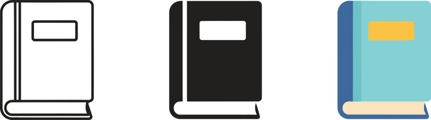 Three Book Icons in Outline, Silhouette, and Colored Flat Design Styles