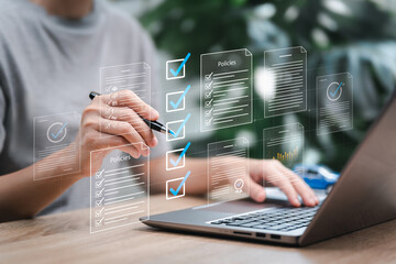 Online Document Verification Concept, Businesswoman Checking Insurance Conditions, ISO Certification, Digital Checklist, Paperless, Remote Work Technology, Home Office Efficiency, Quality Assurance