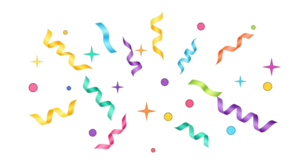Isolated whimsical party confetti, colorful streamers and stars, celebration elements