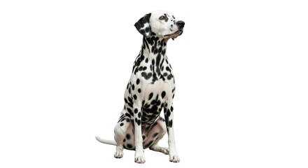 Isolated Dalmatian dog sitting, spotted fur, attentive pose, obedient animal, pet friend