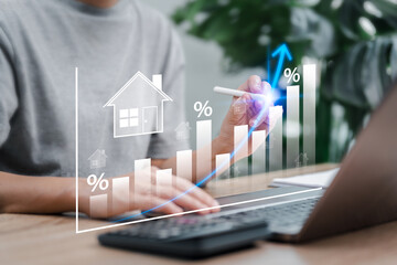 Real Estate Market Growth Analysis Concept, Businesswoman Calculating Property Investment Data, Rental and Purchase Profit Strategy, Market Trends, Financial Planning, Real Estate Development Forecast