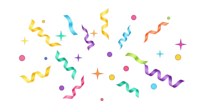 Isolated whimsical party confetti, colorful streamers and stars, celebration elements