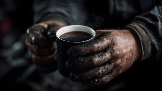 Close up of grimy hands holding a steaming mug of hot coffee