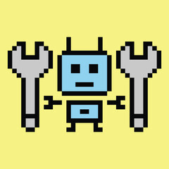 Cartoon pixel art of humanoid robot or ai learning skill robotic chat bot machine business vector character automation background 8 bit decoration.