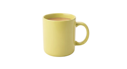 Isolated yellow ceramic coffee mug filled with tea or cappuccino stands alone indoors