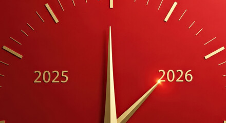 Gold Clock Hand on Red Background Pointing Towards 2026: Time Transition Concept New Year concept