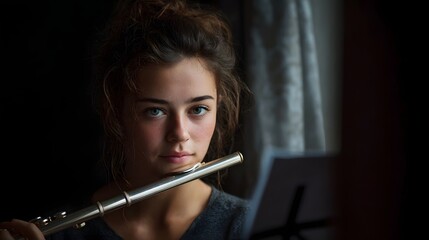 A young woman with a focused expression plays the flute indoors bathed in soft light from a window
