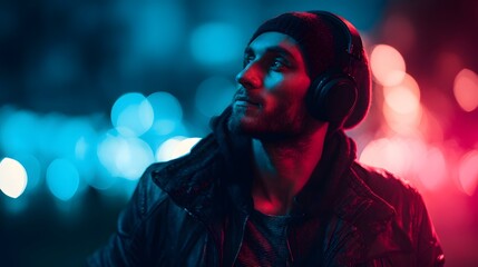 Naklejka premium A man with headphones illuminated by colorful neon lights at night with a blurred urban background
