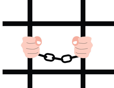 Prisoner Behind Bars Chained and Shackled Hands Isolated on White. People and law disobedience vector art