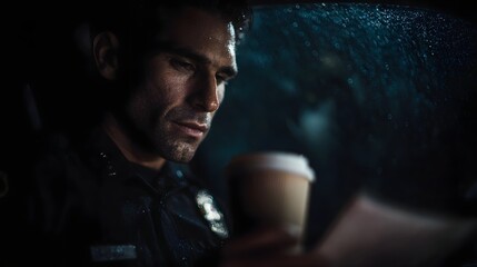 Police officer in patrol car at night holding coffee and reading a report in the rain