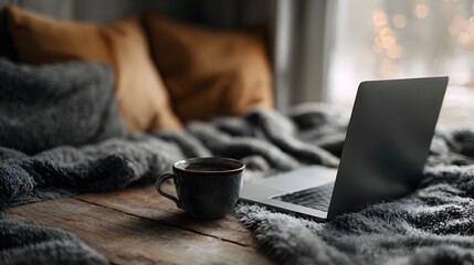 A laptop and a steaming cup of coffee sit on a wooden surface amidst cozy blankets creating a comfortable workspace