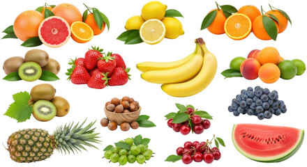 Isolated assortment of fresh colorful seasonal fruits, healthy eating and vitamin nutrition