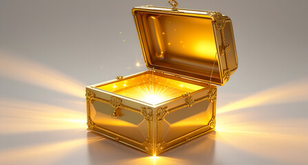 Golden Treasure Chest Open With Bright Glow, Sparkling Light, Luxurious Decorative Box

