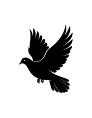 Obraz premium A black silhouette depicts a dove in mid-flight, wings spread. The bird is viewed in profile against a stark white backdrop