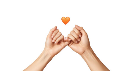Isolated pinky swear with orange heart above, promise gesture with connected fingers on hands