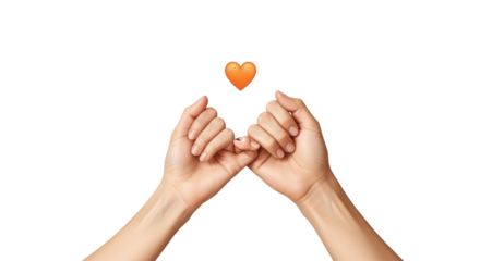 Isolated pinky swear with orange heart above, promise gesture with connected fingers on hands