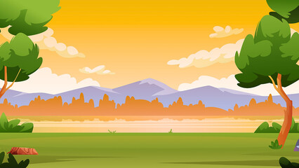Vibrant cartoon landscape captures serene sunset over rolling hills and distant mountains with fluffy clouds adorning a warm orange sky