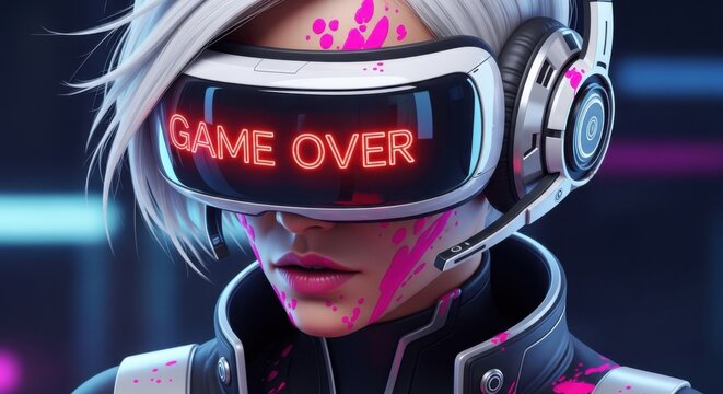 Cyberpunk Gamer Girl Facing Game Over Screen Futuristic Sci Fi - Powered by Adobe