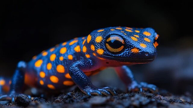 Close-up of a vibrant blue and orange spotted salamander on dark ground, showcasing its unique patterns and striking colors in a natural setting.