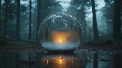 Mysterious glowing orb in a misty forest setting. - Powered by Adobe