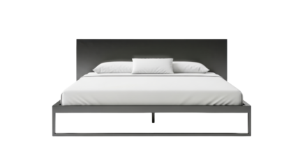 Isolated modern gray bed frame with pillows and bedding for sleeping at home, studio