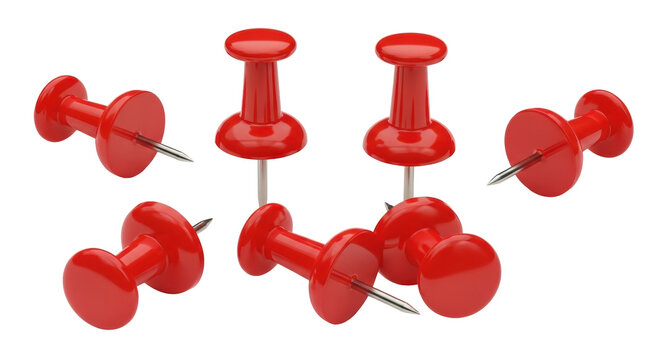 Isolated red push pins or thumbtacks on surface for stationery, office or business use