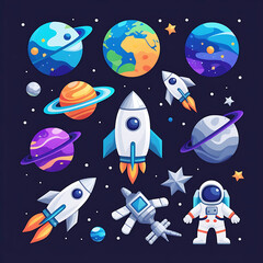 Naklejka premium A set of cartoon vector space icons illustrating a rocket ship, astronaut, planet, and shuttle flying through the cosmos