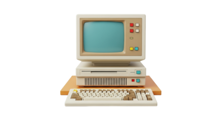 Isolated Old Beige Vintage Computer, Keyboard, Monitor, CPU, Retro Technology Stacked
