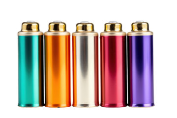 Colorful metal canisters lined up on a black backdrop