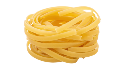 Isolated coil of dried egg noodles, uncooked Italian pasta nest or tagliatelle bundle