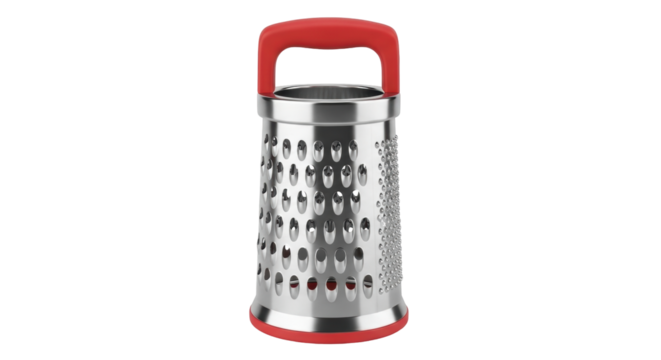 Isolated kitchen utensil metal grater with red handle for grating cheese and vegetables