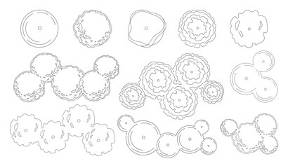 Tree for architectural floor plans. Entourage design. Various trees, bushes, and shrubs, top view for the landscape design plan. Vector illustration.