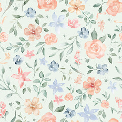 Coral pink and blue color flowers and green leaves watercolor seamless pattern on white background. Soft pastel colors water color for beauty products or other. Hand drawn illustration isolated.