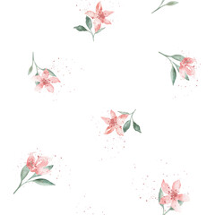 Watercolor set of pink flowers spots with small splashes and green leaves. Hand drawn illustration buds on isolated white background. Soft pastel iridescent watercolors.