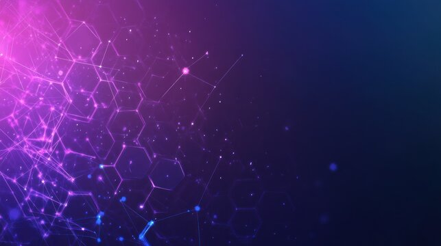 Abstract network graphic with glowing lines and points.  Gradient from pink to purple to dark blue.  Intricate geometric shapes