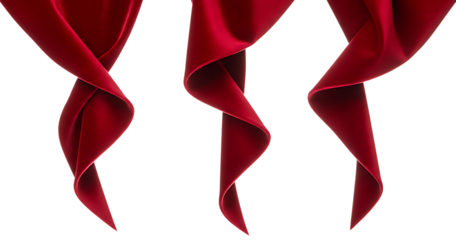 Elegant composition of flowing red silk ribbons against Transparant background