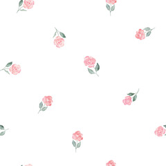 Sweet pink simple rose flowers spots and green leaves watercolor seamless pattern on white background. Soft pastel colors for beauty products or other. Hand drawn illustration on isolated background.