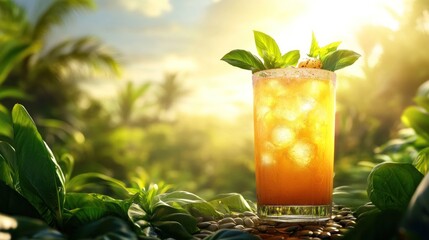 Tropical drink, vibrant orange color, in tall glass, garnished with fresh mint leaves. Blurred background of lush tropical foliage, golden sunlight