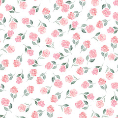 Sweet pink simple rose flowers spots and green leaves watercolor seamless pattern on white background. Soft pastel colors for beauty products or other. Hand drawn illustration on isolated background.