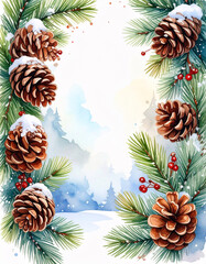Obraz premium Watercolor pinecone garland with snow border and evergreen branches