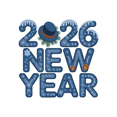 2026 New Year Winter Typography Design with Snowflakes, Hat, and Pine Elements on White Background