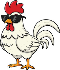 Cool cartoon rooster wearing sunglasses, stylish farm animal art, funny chicken illustration, confident chicken character, hip rooster vector design, animated poultry clipart
