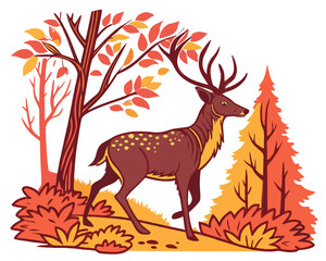 Deer in autumn forest, seasonal wildlife silhouette vector illustration
